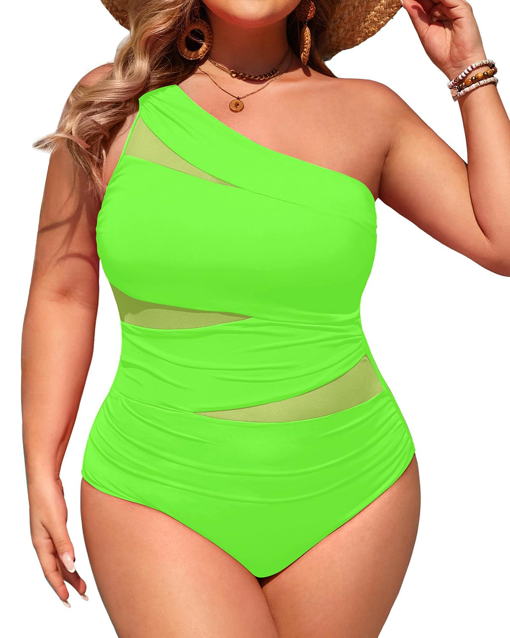 Plus Size One Piece Swimsuit for Women - One Shoulder Bathing Suit | Removable and Adjustable Strap, Detachable pads, Flatter midsection via front mesh, Drape diagonal folds to hide bulk