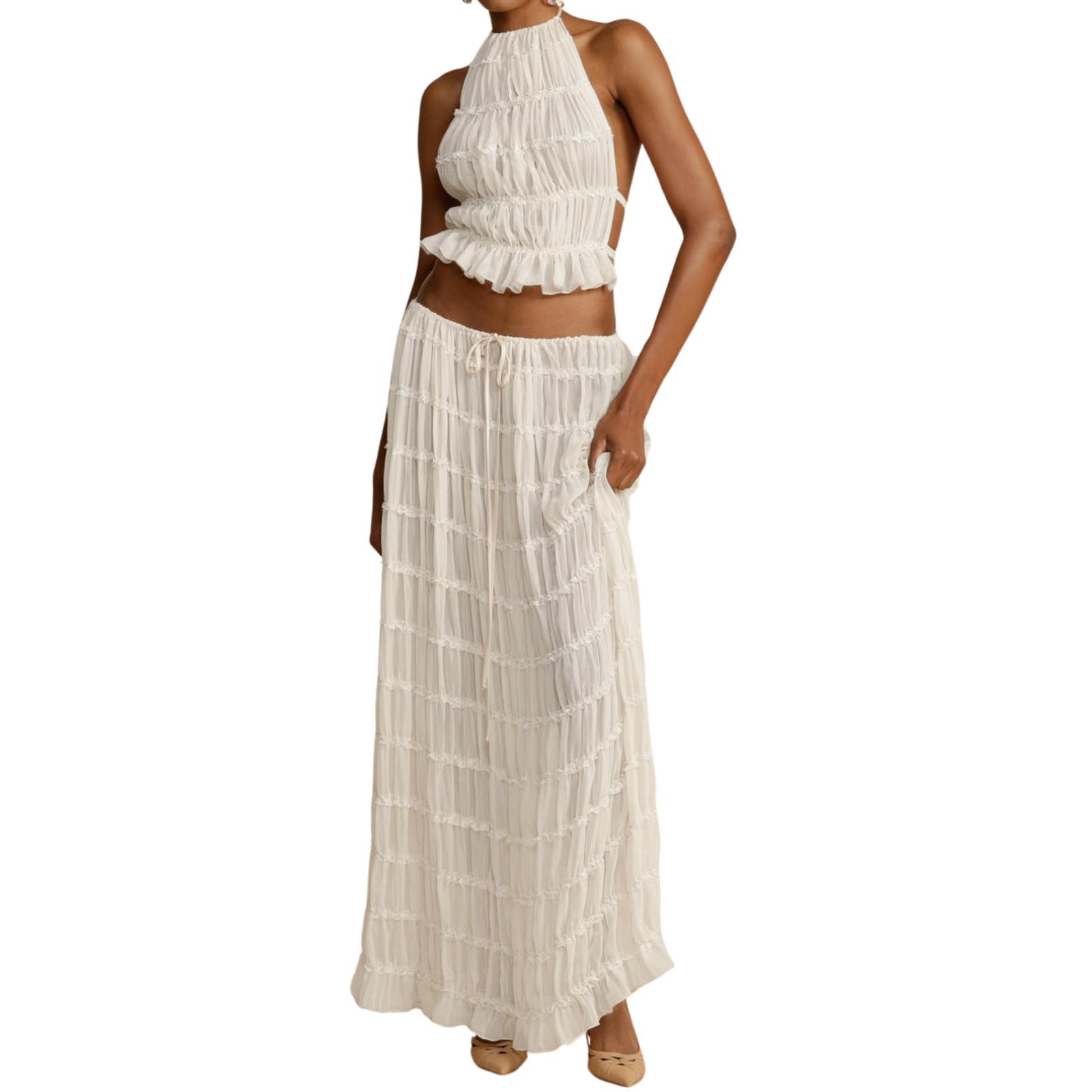 Women Y2K Skirt Set Outfits Strapless Crop Top Bodycon Midi Skirt Dress Sexy 2 Piece Knit Outfits Skirt Summer