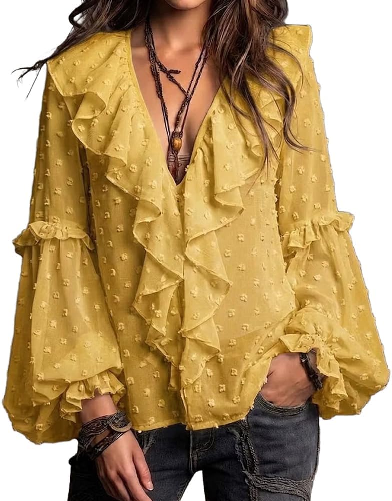 Long Sleeve Blouse for Women Sexy V Neck Polka Dot Ruffles Shirt Trendy Top Fall Elegant Going Out Tops