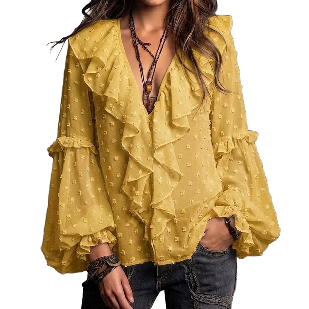 Long Sleeve Blouse for Women Sexy V Neck Polka Dot Ruffles Shirt Trendy Top Fall Elegant Going Out Tops