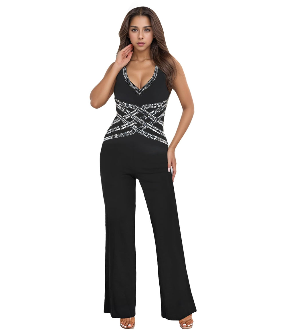PORRCEY Sexy Rhinestone Jumpsuit for Women Mesh See Through Romper Clubwear