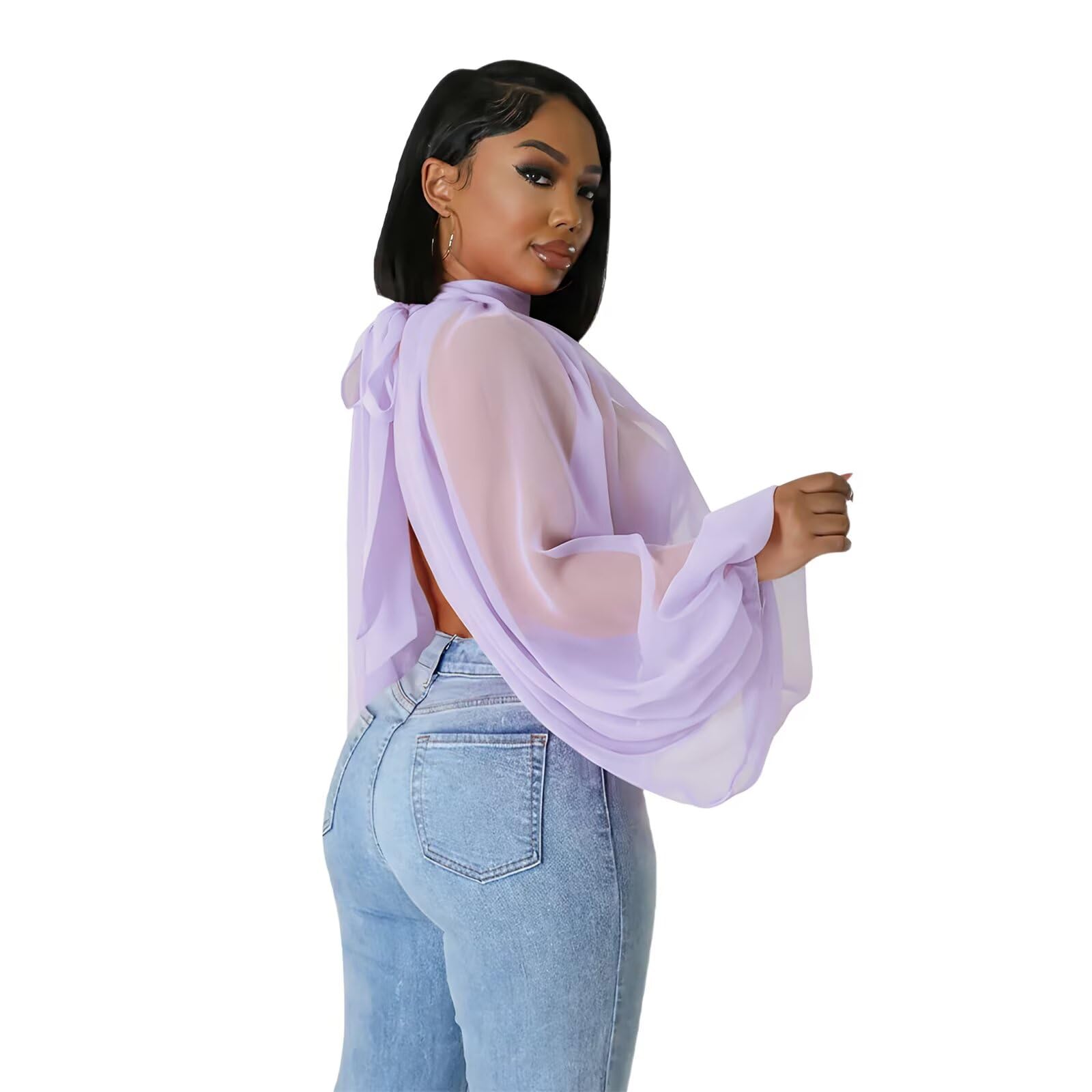 acelyn Women's Sexy See Through Chiffon Sheer Blouses Tops | Lantern Sleeve, Front Back Open, High Neck, Self Tie, Shawl Casual Shirts,Blouses Tops