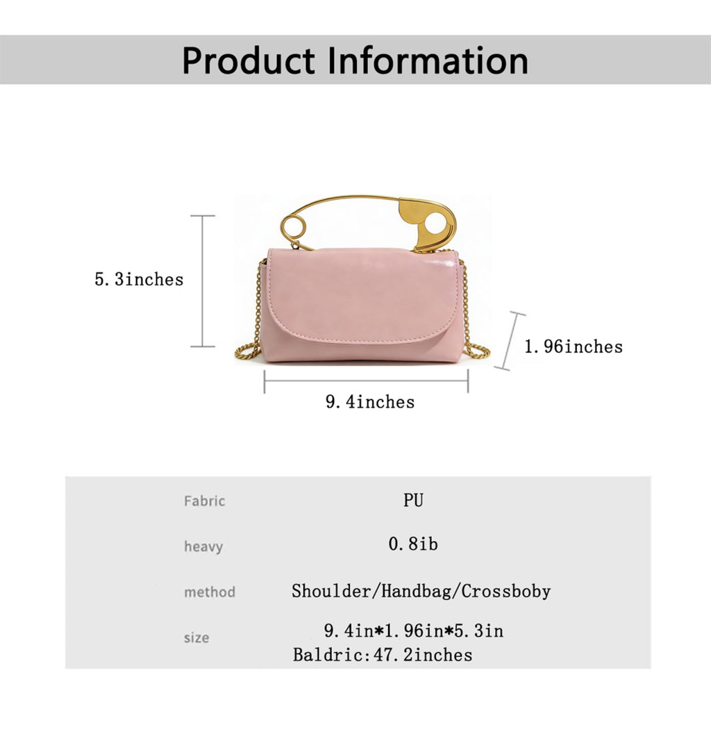 Women's Unique Safety Pin Crossbody Purse | Leather Clutch Bag Gold Handles Chain novelty clutch