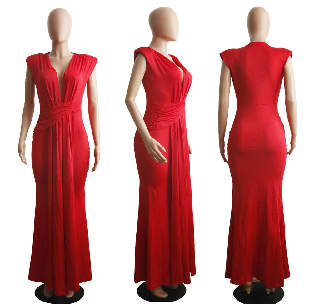 Yuopeid Women's Sexy Sleeveless Deep V Neck Fashion Ruched Bodycon Floor Length Formal Evening Party Maxi Long Dress