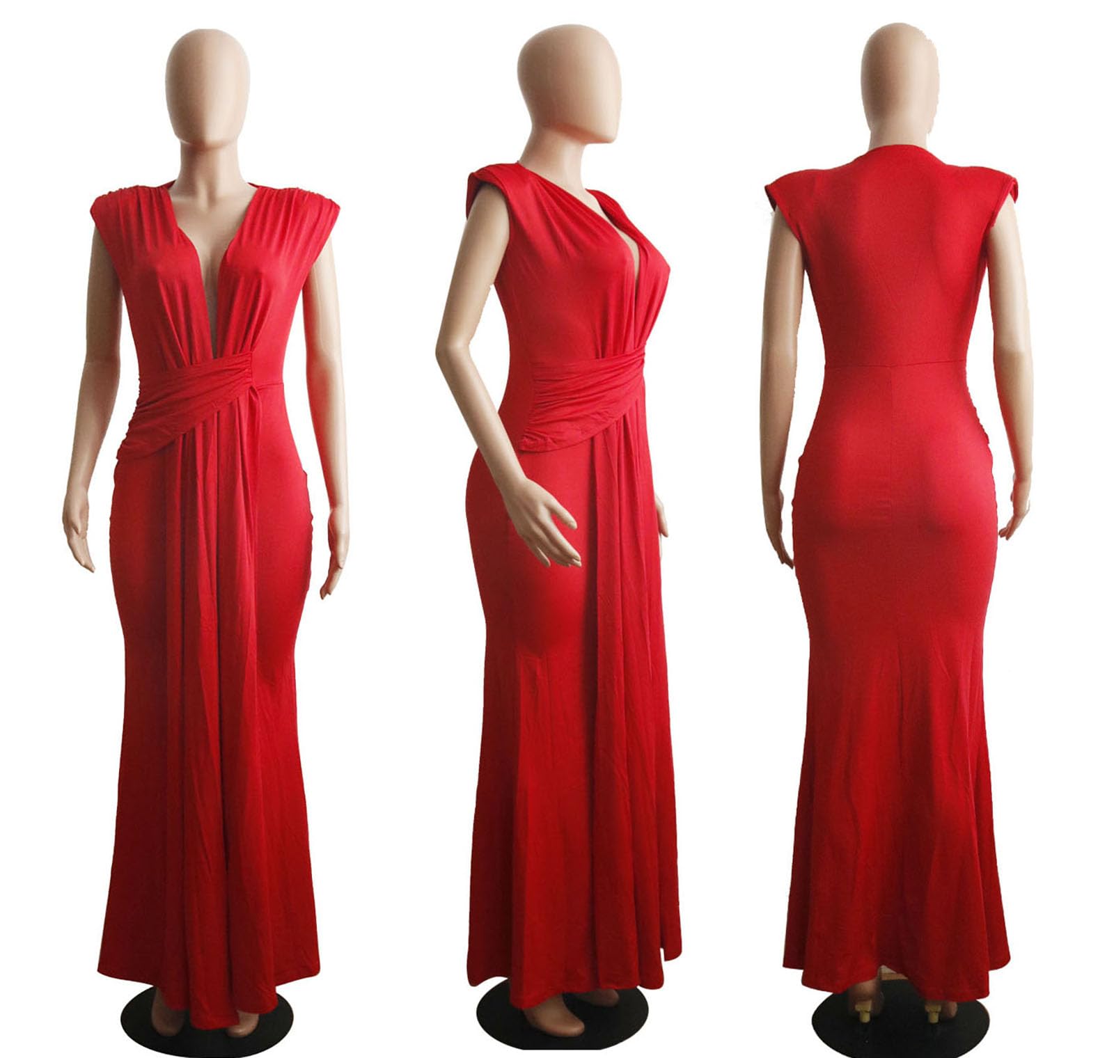 Yuopeid Women's Sexy Sleeveless Deep V Neck Fashion Ruched Bodycon Floor Length Formal Evening Party Maxi Long Dress