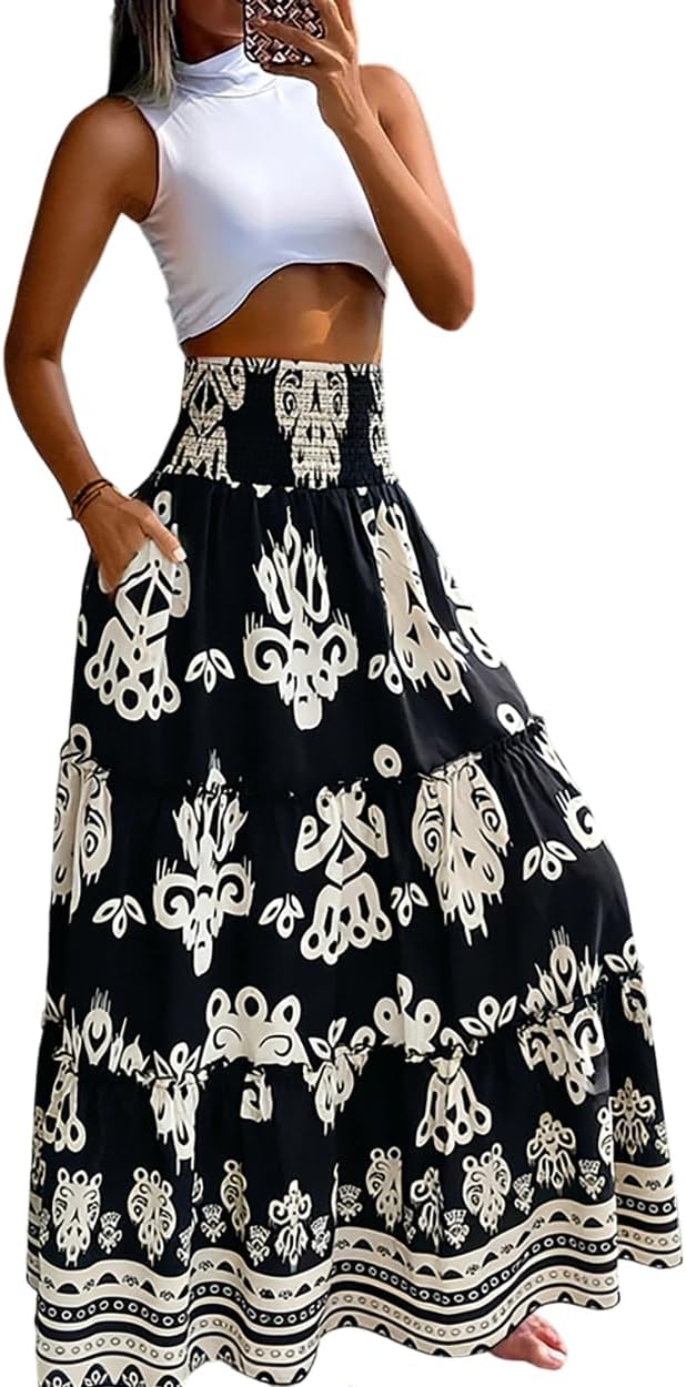 CHICME Women's Boho Floral Summer Maxi Skirt with Pockets Vacation Outfit | Shirred High Waist, Ruffle Hem, Lightweight Comfortable Fabric, A-Line Long Flowy Skirt for Beach, Travel & Daily Wear