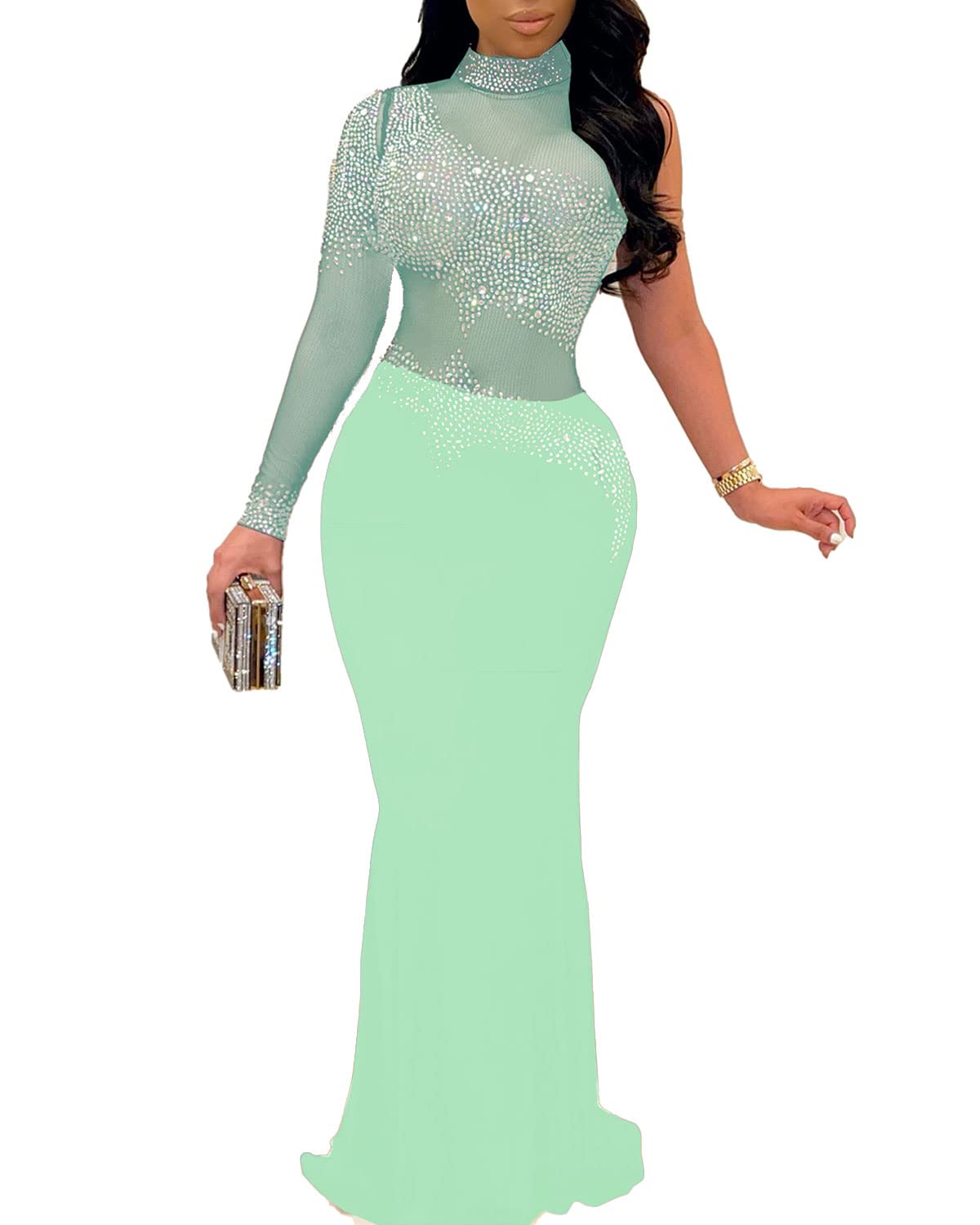 PORRCEY Women's Sexy Elegant Rhinestone Bodycon Dress Hot Drilling Clubwear