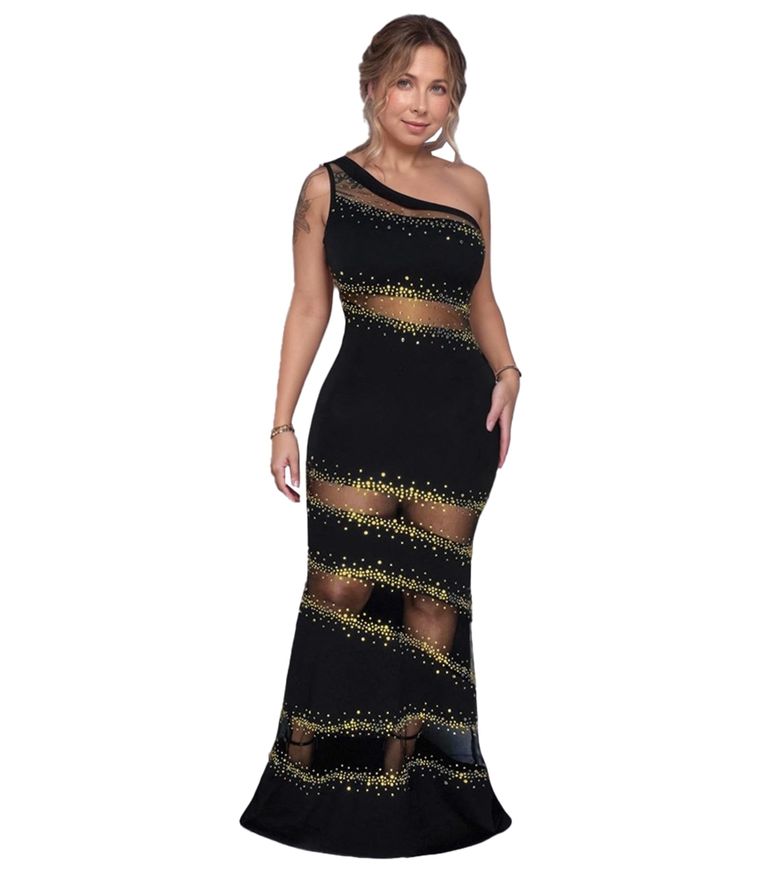 PORRCEY Women's Sexy Rhinestone Mesh See Through Party Night Prom Dress