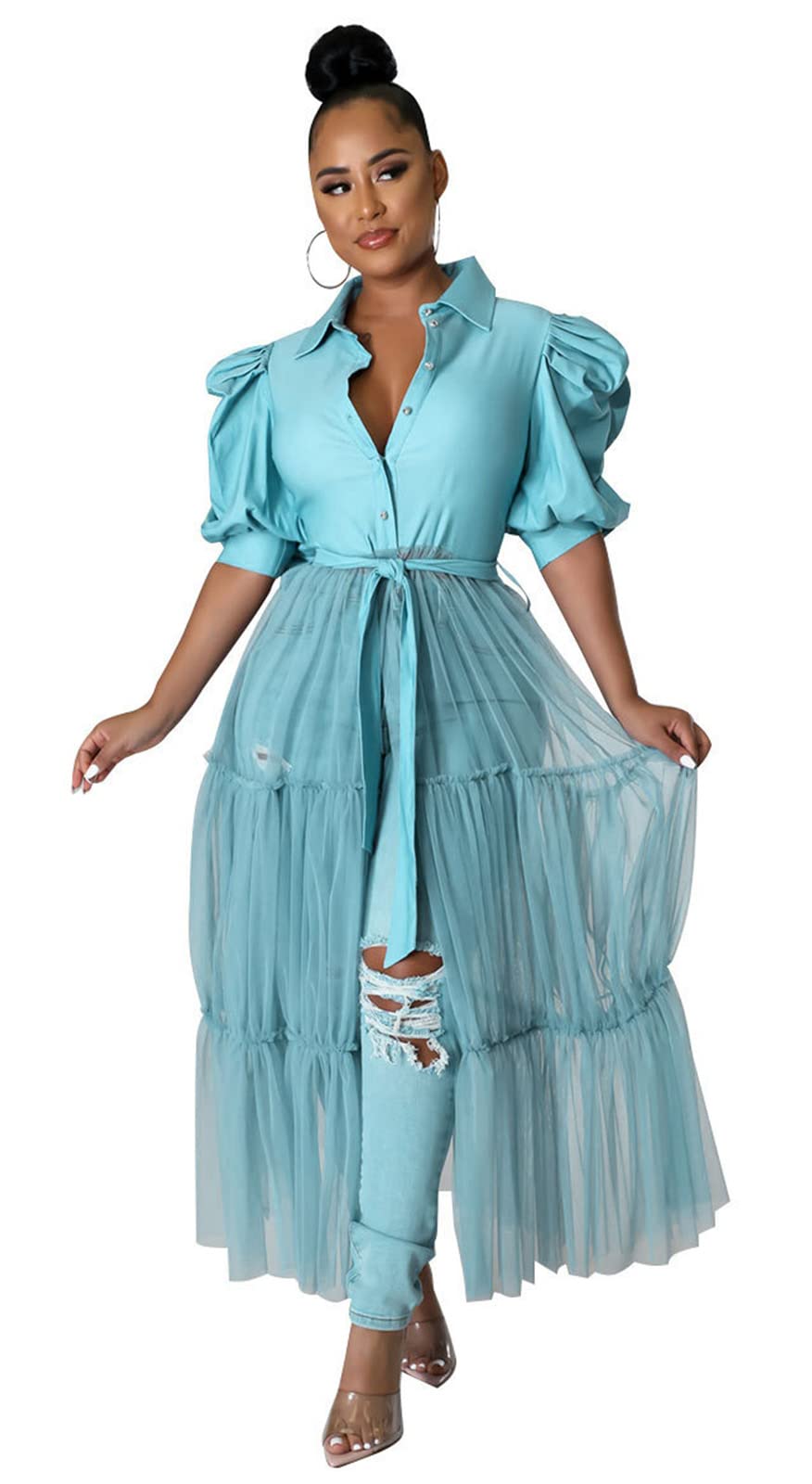 Ekaliy Women's Ruffle Blouse Shirt Asymmetrical Tunic Dress with Belt | Short sleeve,Bodycon,Ruffle,Club ,Party outfits,Asymmetrical Irregular Hem,Tops Blouse Shirt Dress