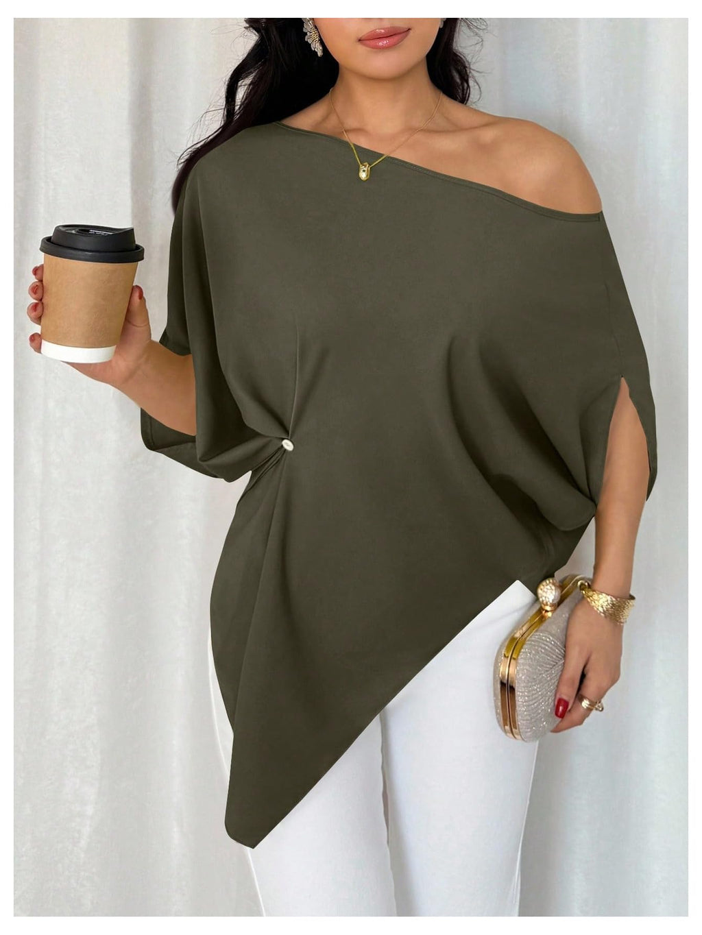 SHENHE Women's Off Shoulder Dolman Sleeve Blouses Asymmetrical Flowy Tops | Casual, Loose, Blouses With Waist Pleats, Asymmetrical, Elegant