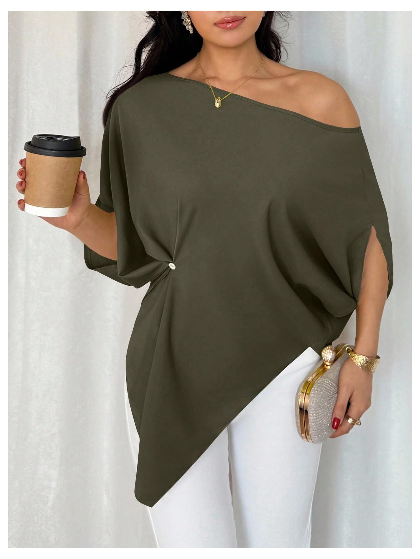 SHENHE Women's Off Shoulder Dolman Sleeve Blouses Asymmetrical Flowy Tops | Casual, Loose, Blouses With Waist Pleats, Asymmetrical, Elegant