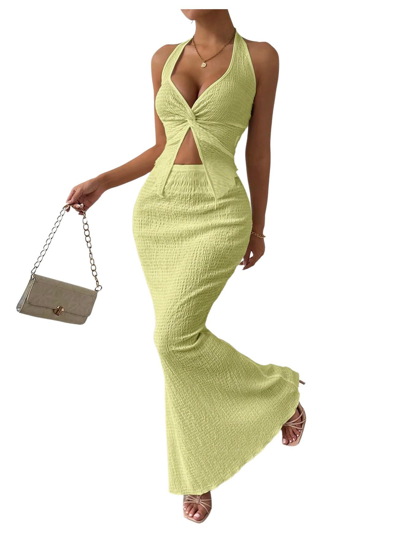 SOLY HUX Women's 2 Piece Outfit Twist Front Halter Cami Skirt Summer Set | Summer Vacation Outfits, Maxi Skirt Set