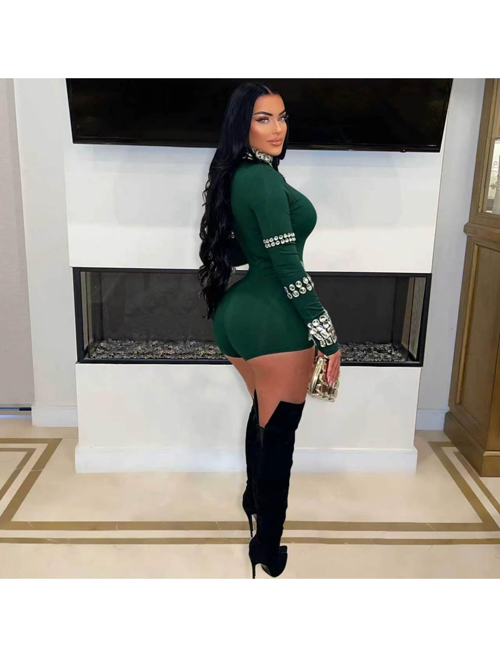 chicyes Women's Jumpsuits Sexy Long Sleeve Date Night Rompers Rhinestone Sparkly Party Club Spring Outfits Fall Concert
