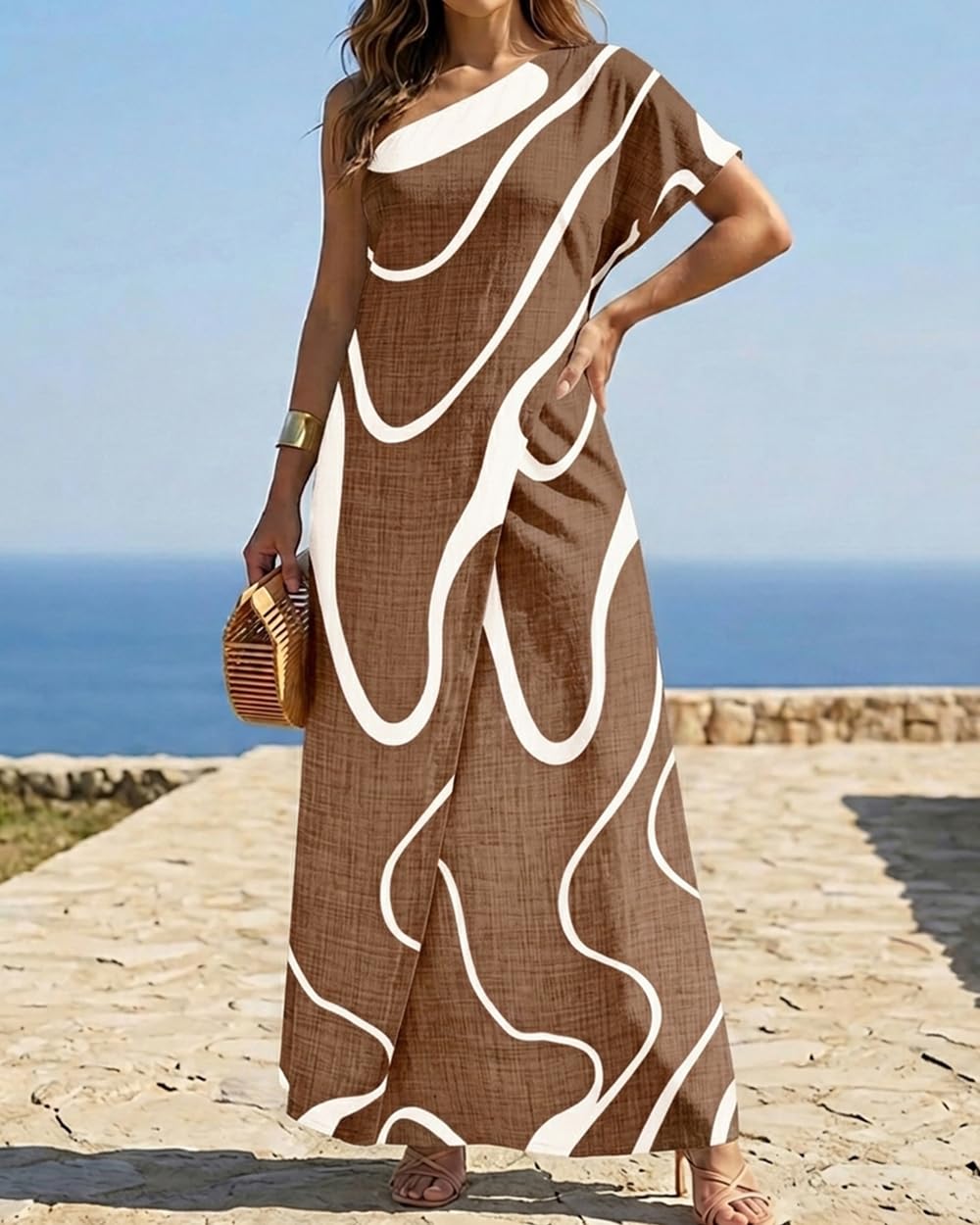 CHICME Maxi Dresses for Women Abstract Print Summer Dress | Womens Summer Dresses, One Shoulder Boho Dress with Pockets, Faux 2 Piece Casual Dresses, Vacation, Beach Dress Wedding Guest
