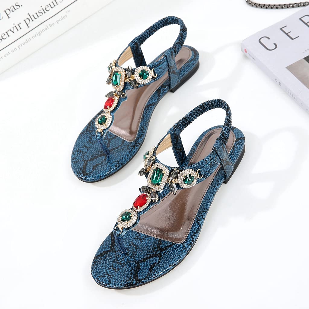 MIOKE Women's Bohemia Bling Jeweled Flat Sandals T-strap Clip Toe Cutout Slingback Summer Beach Flipflops