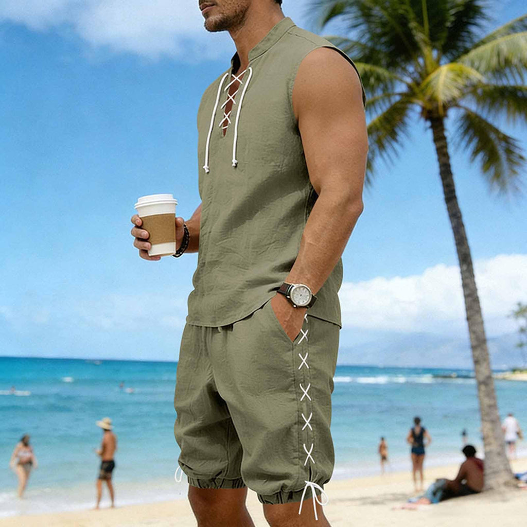 Cambkatl 2 Piece Outfits for Men Lightweight Linen Shorts Set Laceup V Neck Sleeveless Tank Top Matching Sets with Pockets