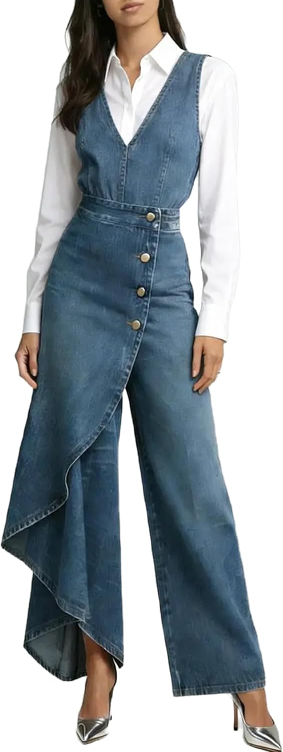 Denim Jumpsuit for Women Sleeveless Irregular Wide Leg Jumpsuits Trendy Cowgirl Western Outfits