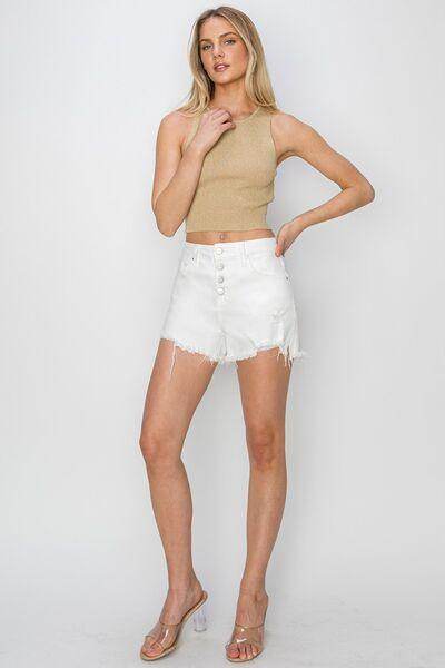RISEN Button Fly Frayed Hem Denim Shorts for Women