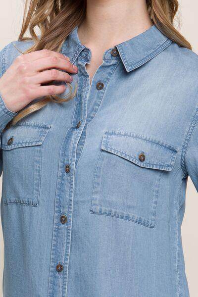Love Tree Scooped Hem Button Up Denim Shirt for Women