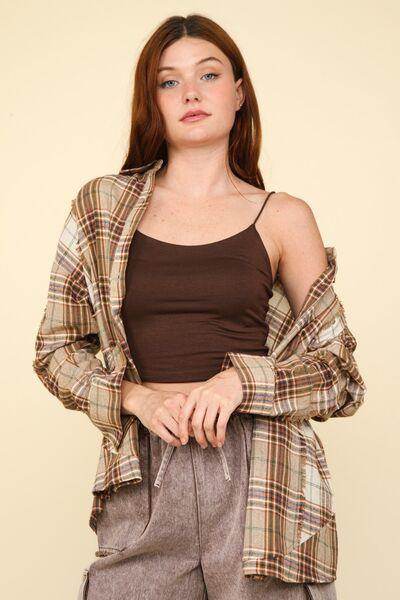 Very J Contrast Plaid Raw Detail Shirt for Casual Chic