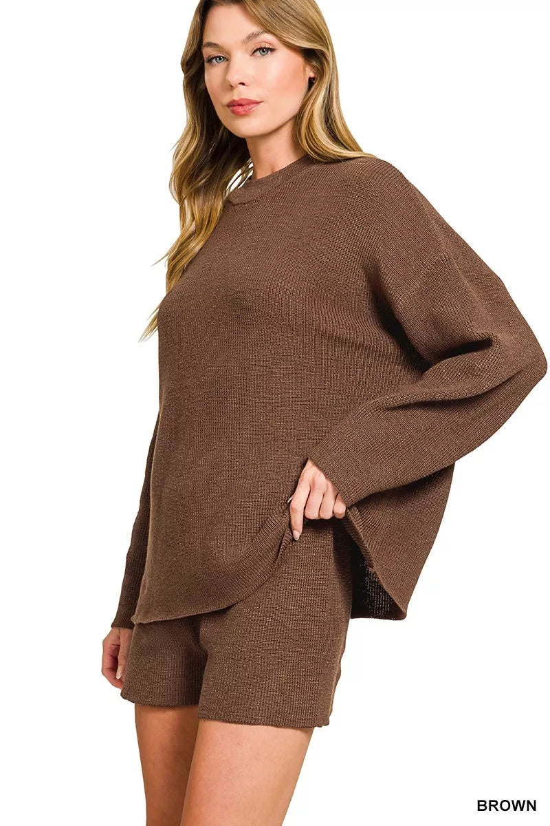 Zenana Round Neck Knit Top and Shorts Sweater Set