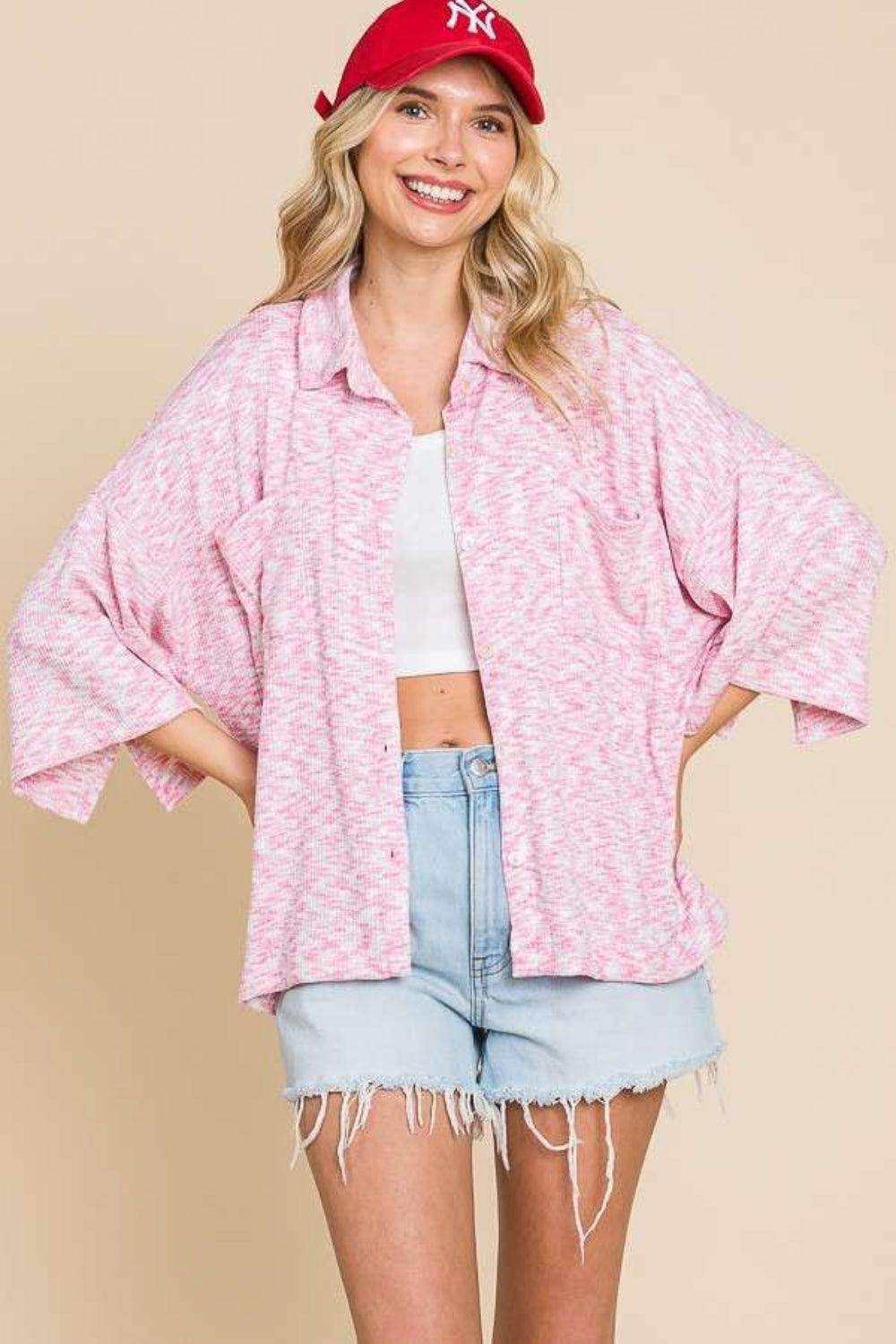 Culture Code Button Up Drop Shoulder Slit Shirt for Women