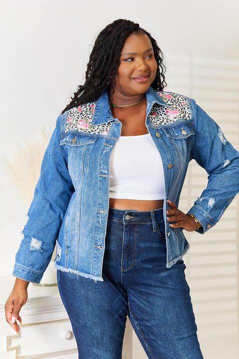 Baeful Leopard Floral Distressed Raw Hem Denim Jacket Women