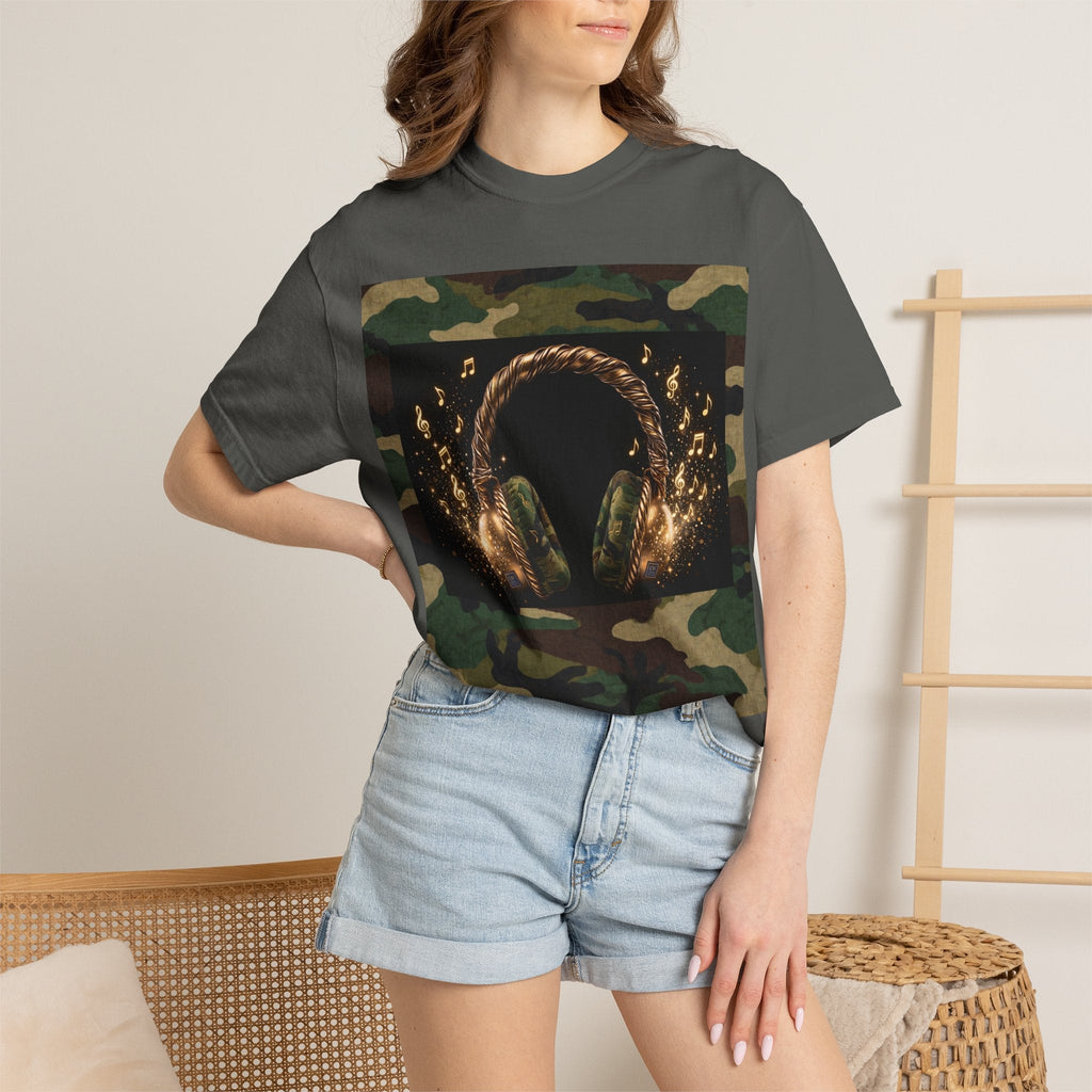 Camo Headphones Tee — Gold Spark DJ Music Graphic T-Shirt