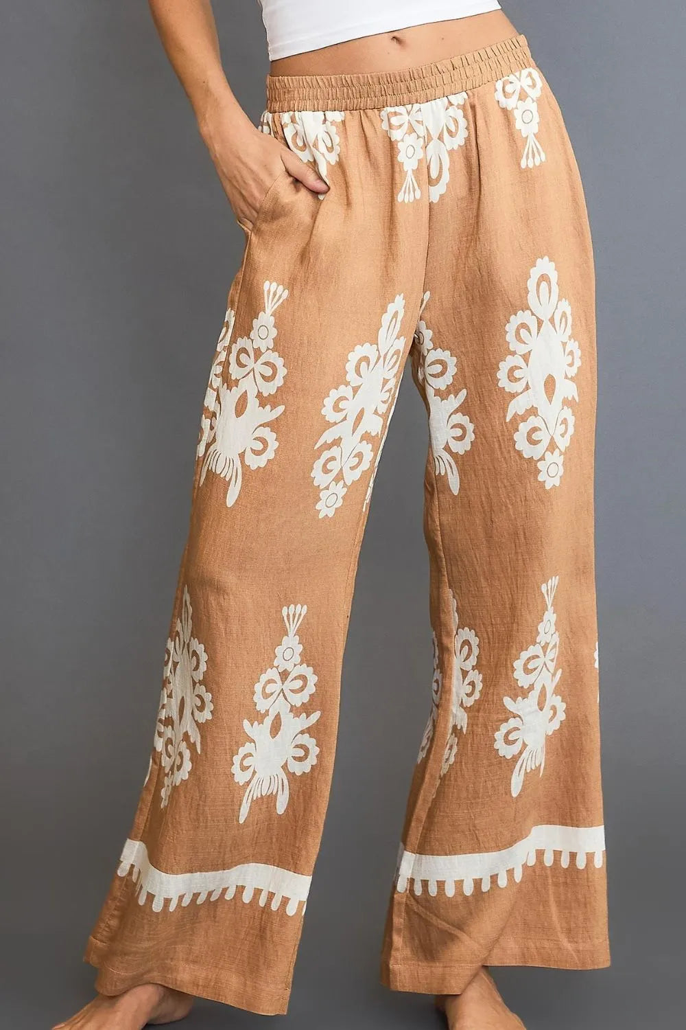 Umgee Full Size Border Print Wide Leg Pants Plus Size