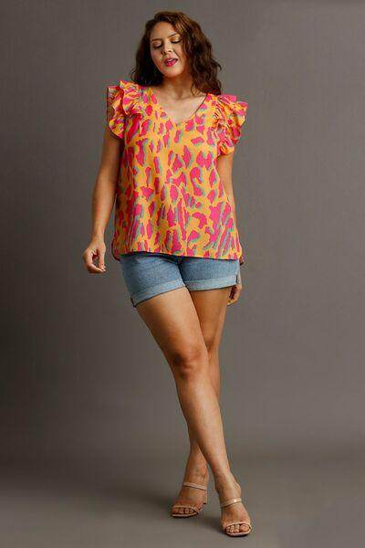Umgee Full Size Abstract Print V-Neck Ruffle Sleeve Blouse
