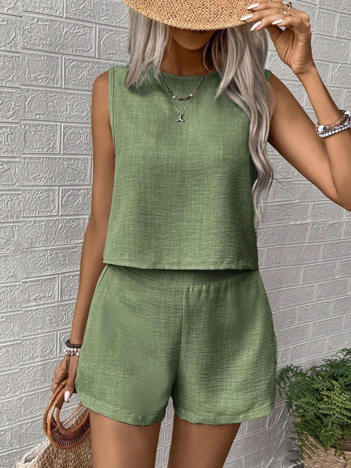 Round Neck Sleeveless Top and Shorts Set for Women