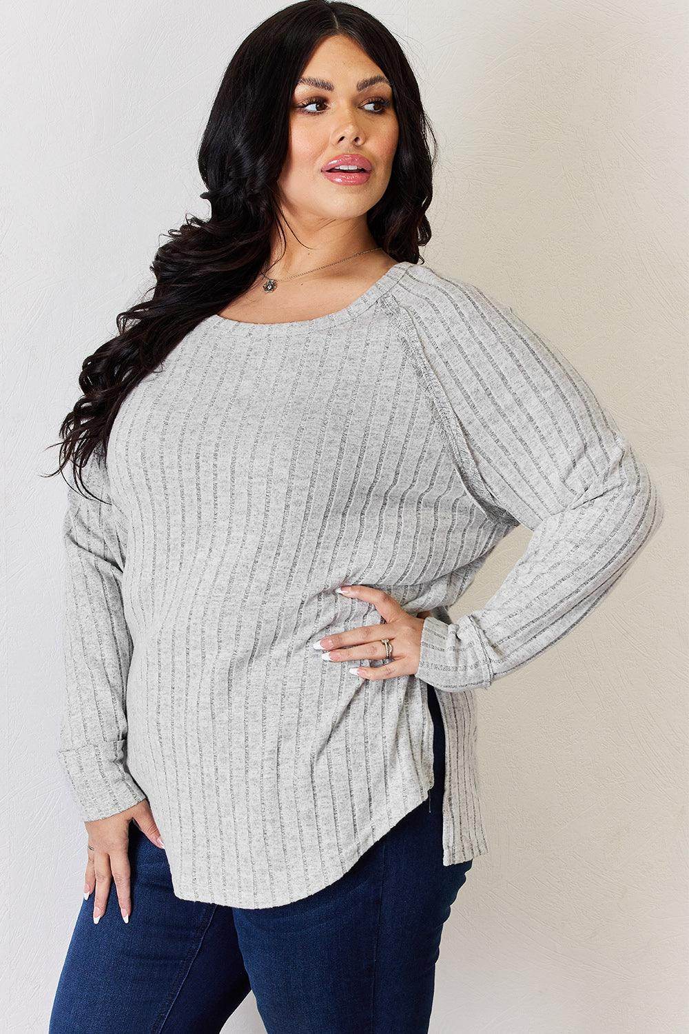 Basic Bae Full Size Ribbed Round Neck Slit T-Shirt for Women