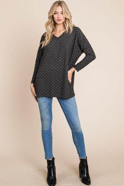 BOMBOM Checkered Long Sleeve V-Neck T-Shirt for Women