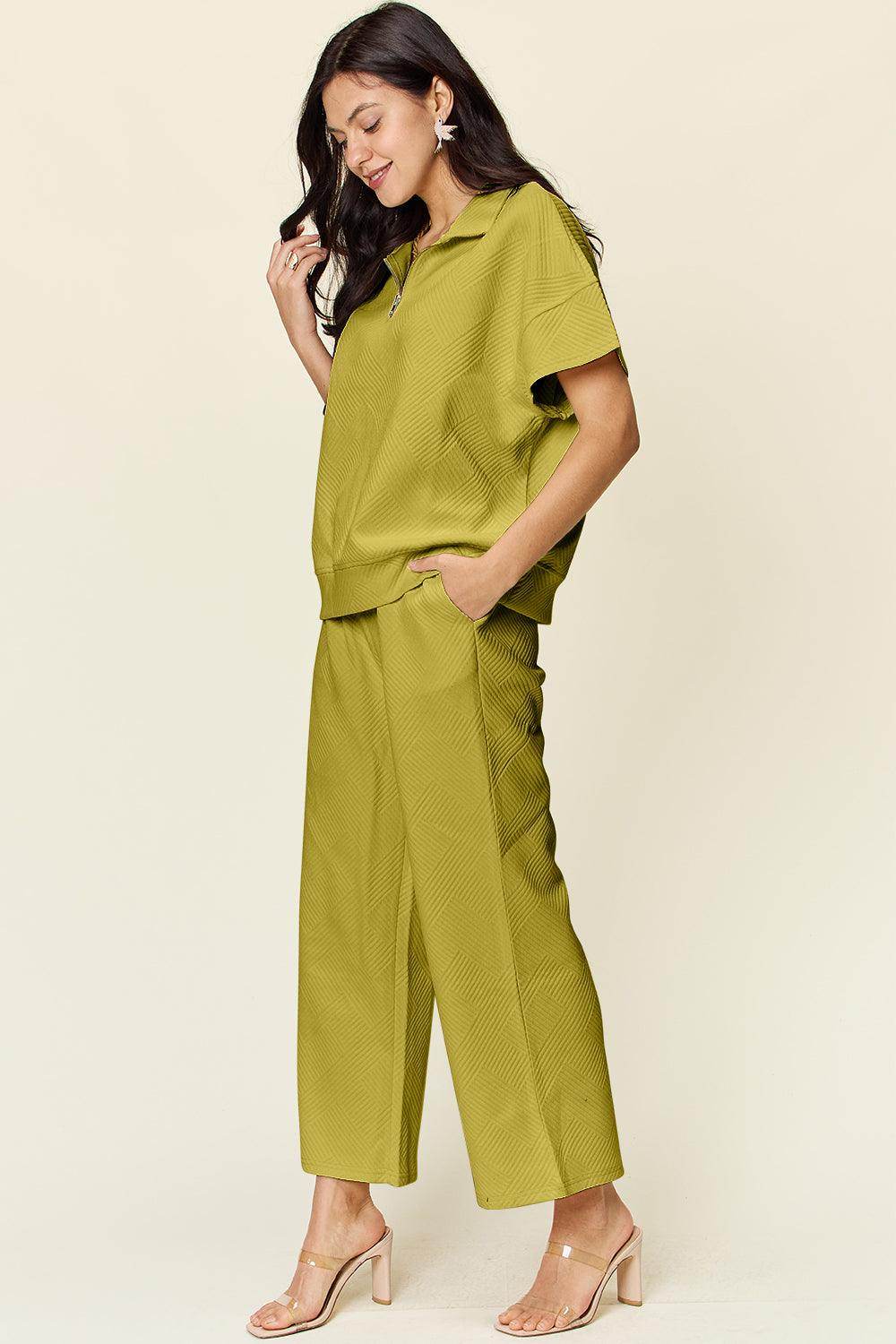 Double Take Full Size Texture Half Zip Short Sleeve Top Set