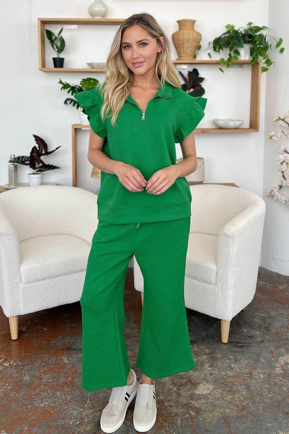 Double Take Texture Ruffle Short Sleeve Top and Pants Set