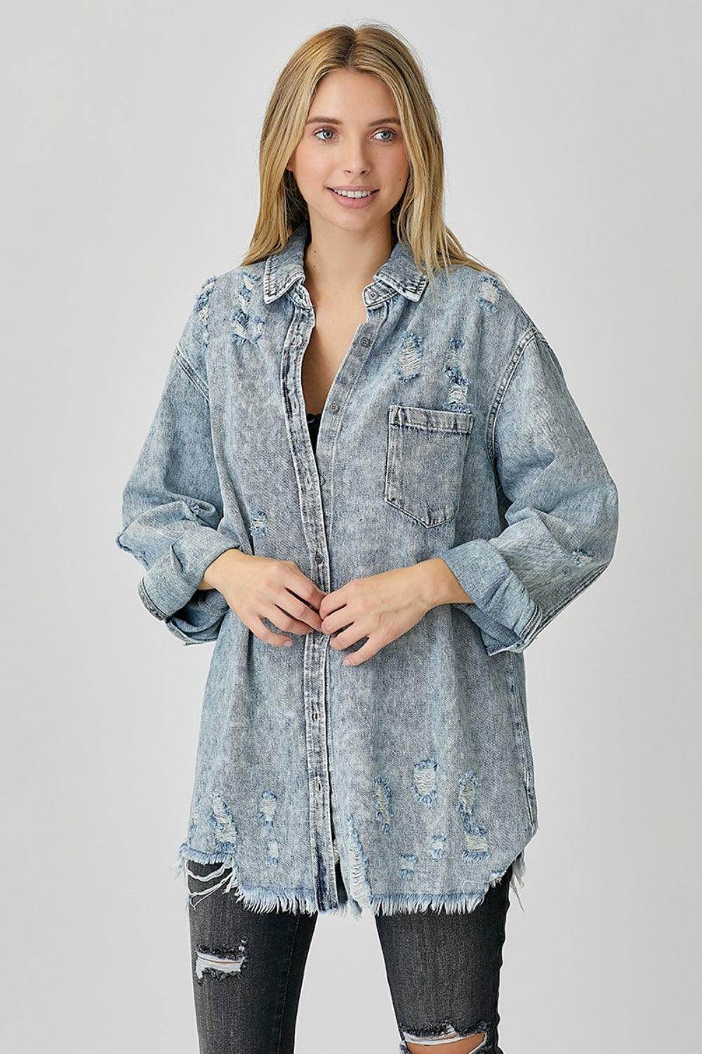 RISEN Distressed Raw Hem Denim Shirt for Casual Style