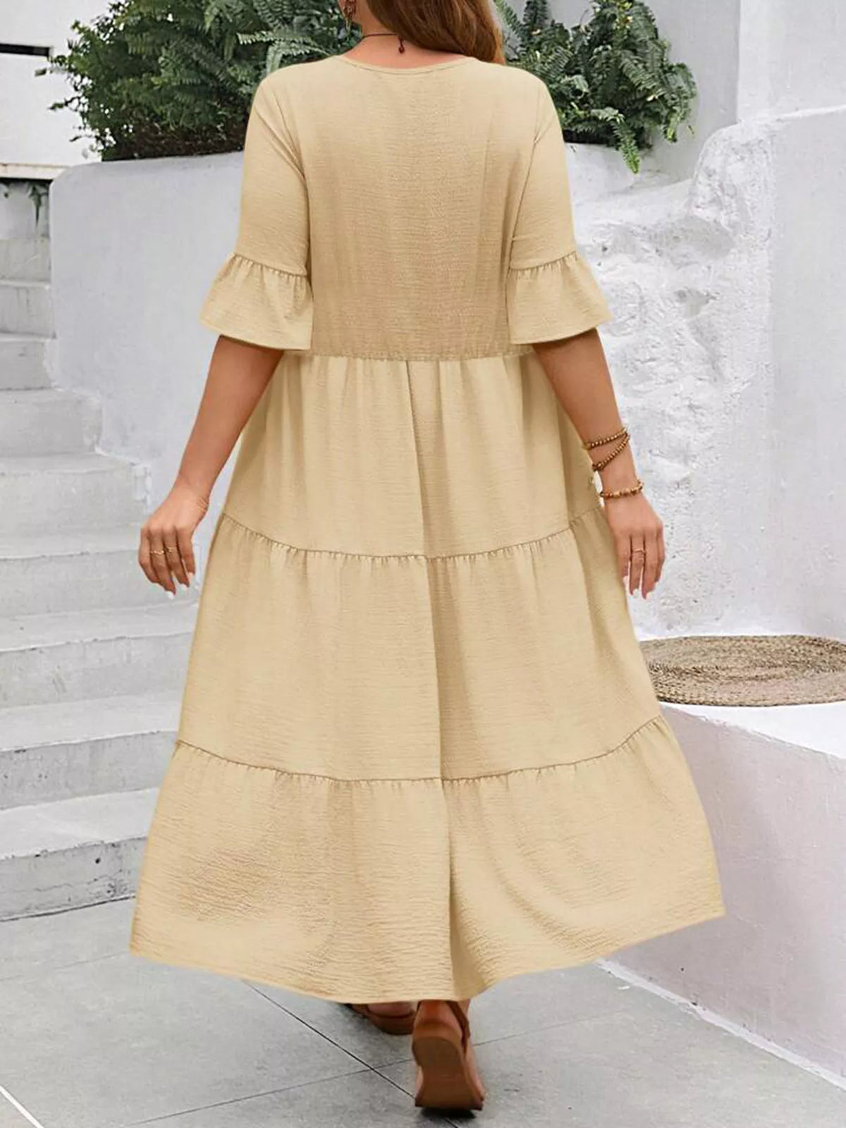 Ruffle Sleeves Tiered Midi Dress
