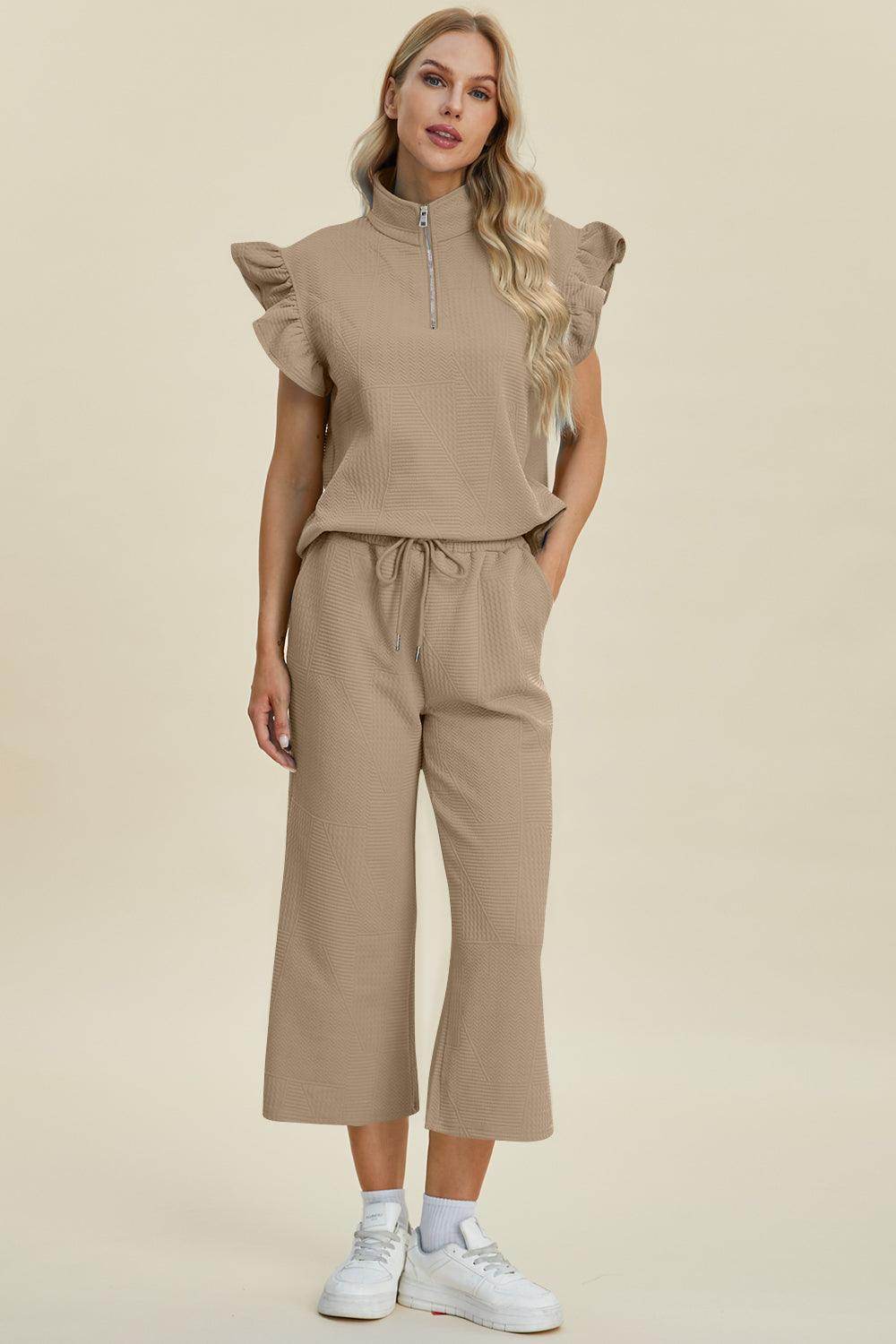 Double Take Full Size Texture Ruffle Top and Pants Set