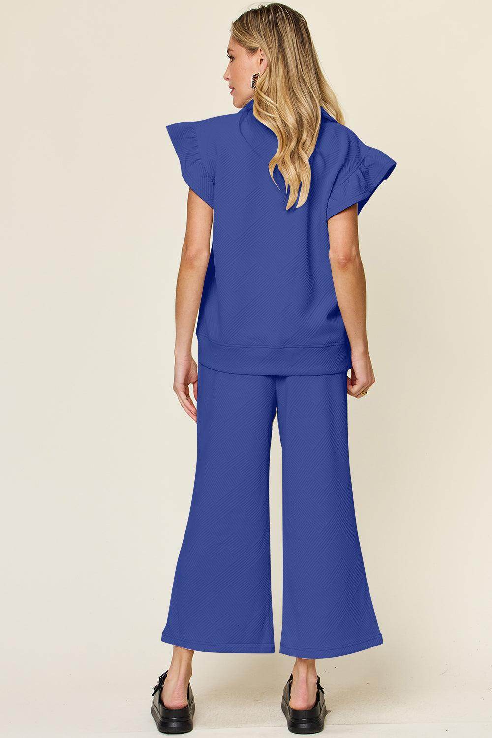 Double Take Texture Ruffle Short Sleeve Top and Pants Set