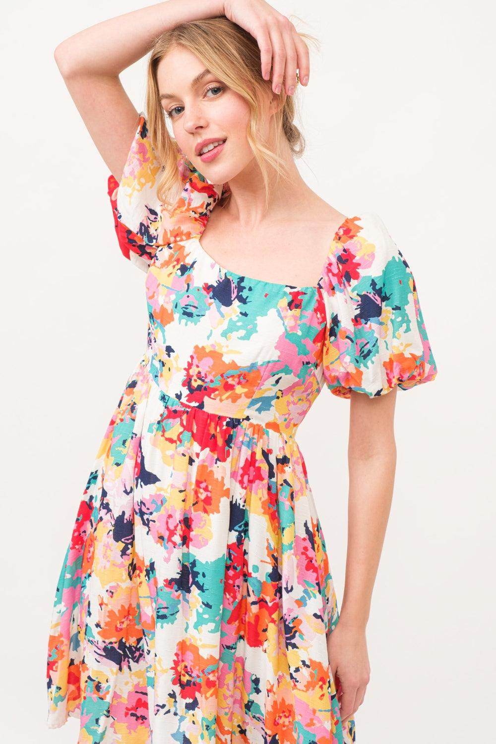 And The Why Square Neck Puff Sleeve Floral Dress Sale