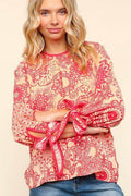Haptics Ribbon Bow Detail Floral Round Neck Blouse for Women