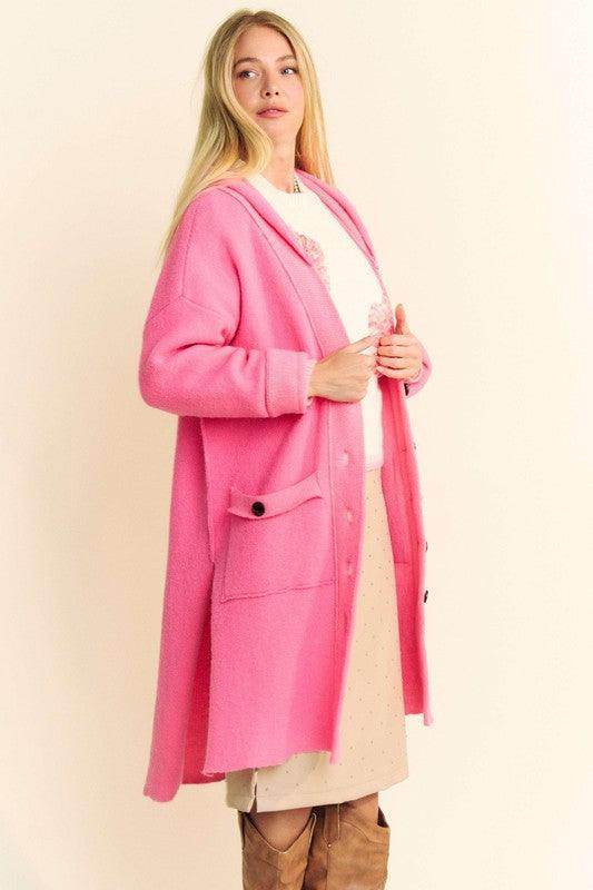 Davi & Dani Side Slit Button Up Hooded Cardigan for Women
