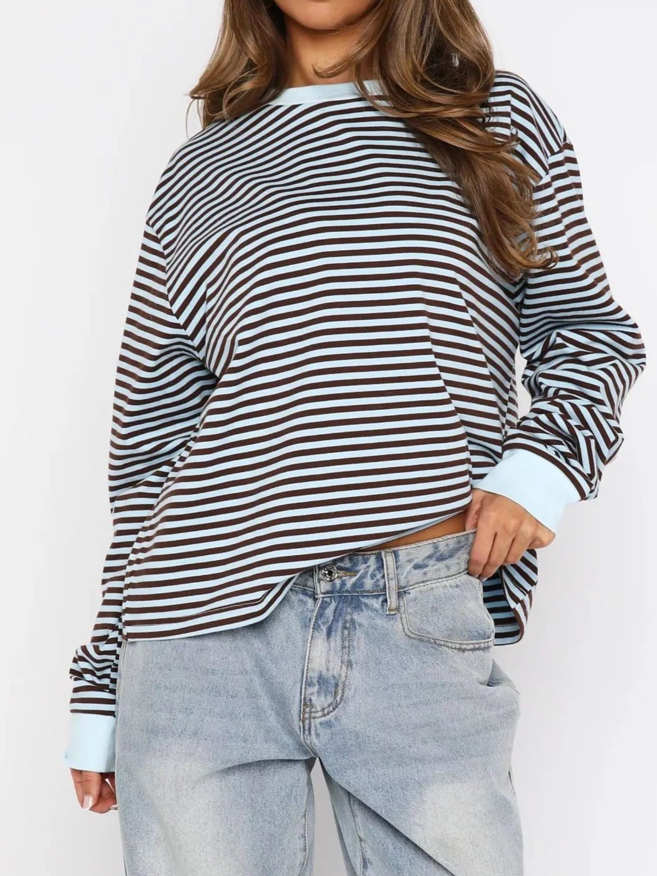 Striped Oversized Round Neck Sweatshirt