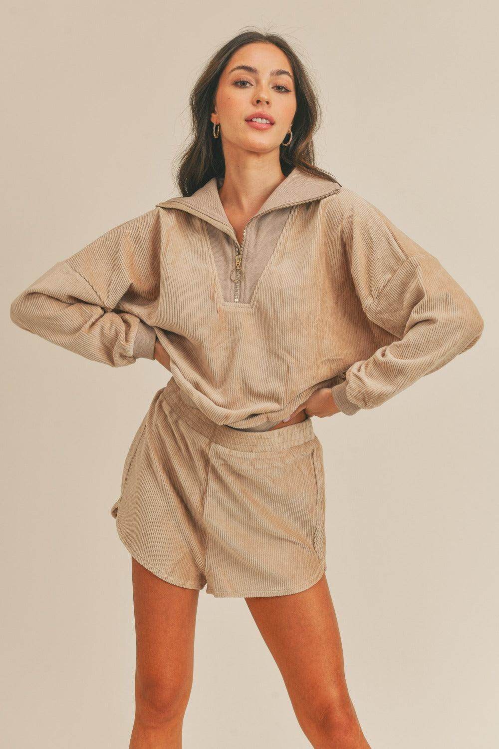 MABLE Corduroy Half Zip Top and Shorts Set for Women