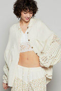 POL Openwork Lantern Sleeve Button Down Gauze Shirt Women