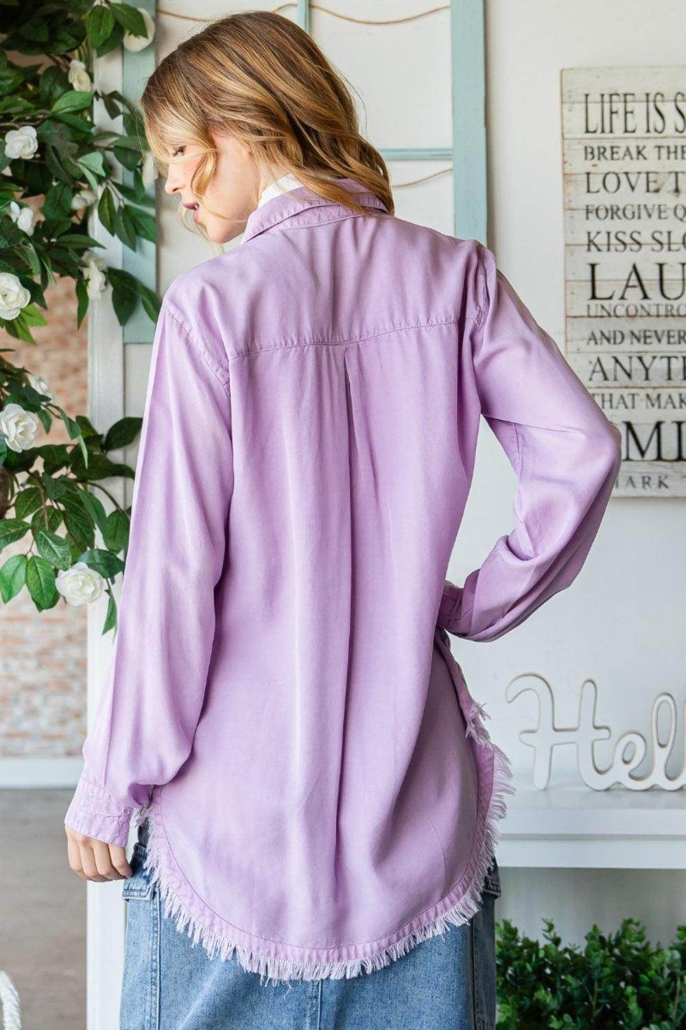 Veveret Raw Hem Button Up Long Sleeve Shirt for Women