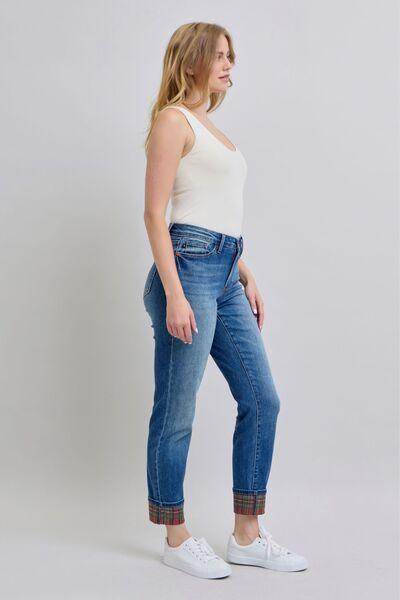 Judy Blue Full Size Plaid Print Cuff Straight Leg Jeans