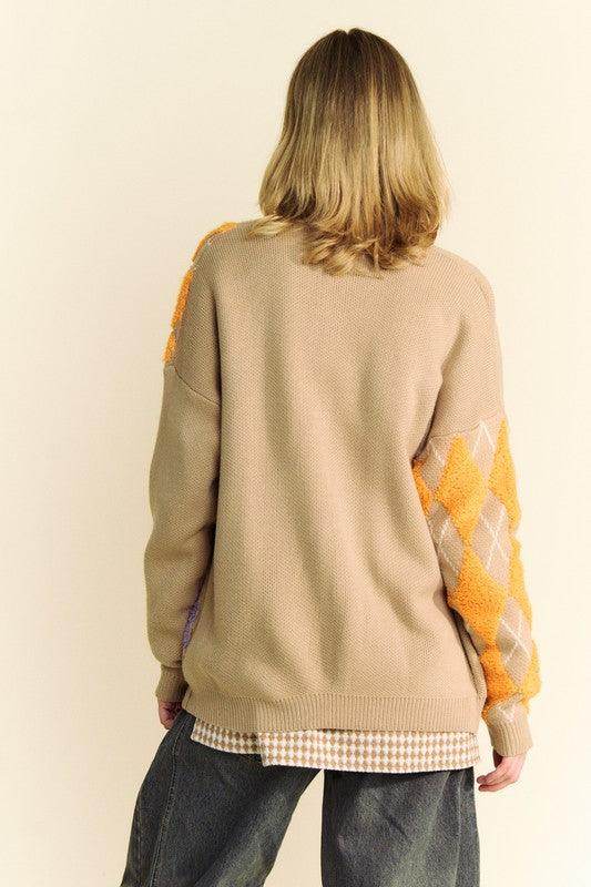 Davi & Dani Argyle V-Neck Dropped Shoulder Cardigan Style