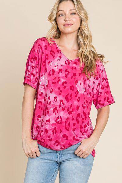 BOMBOM Leopard V-Neck Short Sleeve T-Shirt for Women