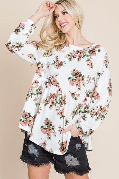 Super Lady Full Size Babydoll Floral Boat Neck Blouse